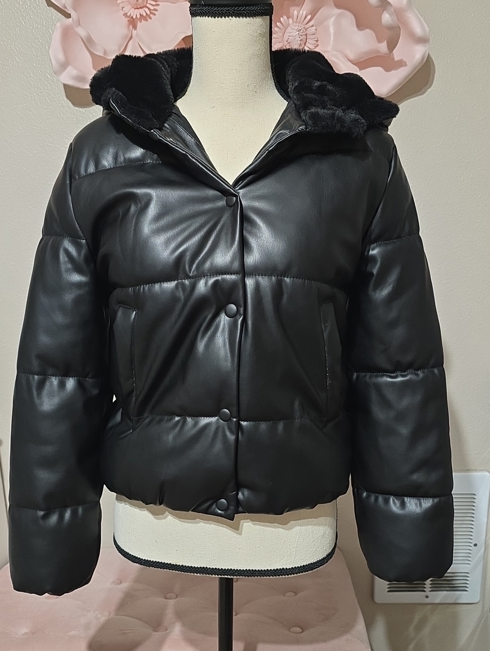 Zara Black Faux Leather Puffer Jacket with Faux-Fur Hood